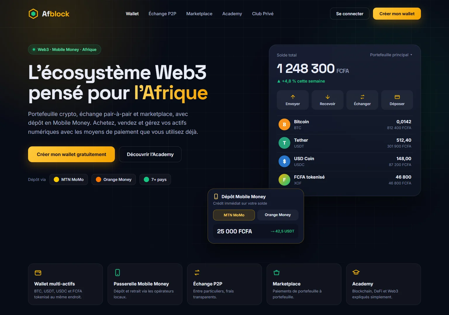 Visuel illustratif de la page d’accueil d’Afblock : portefeuille crypto multi-actifs et dépôt Mobile Money