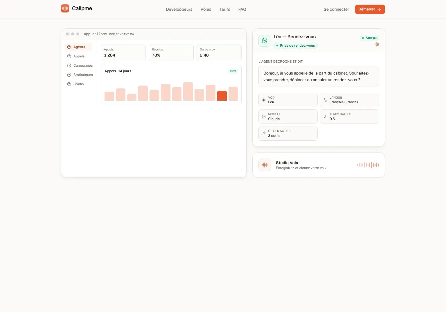 Aperçu 2 — Callpme — l'agent vocal IA qui répond à vos appels 24h/24