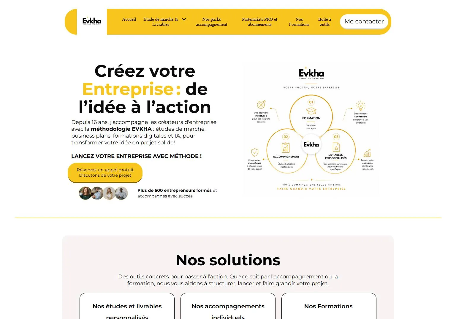 Page d’accueil d’EVKHA, accompagnement et formations pour créer son entreprise