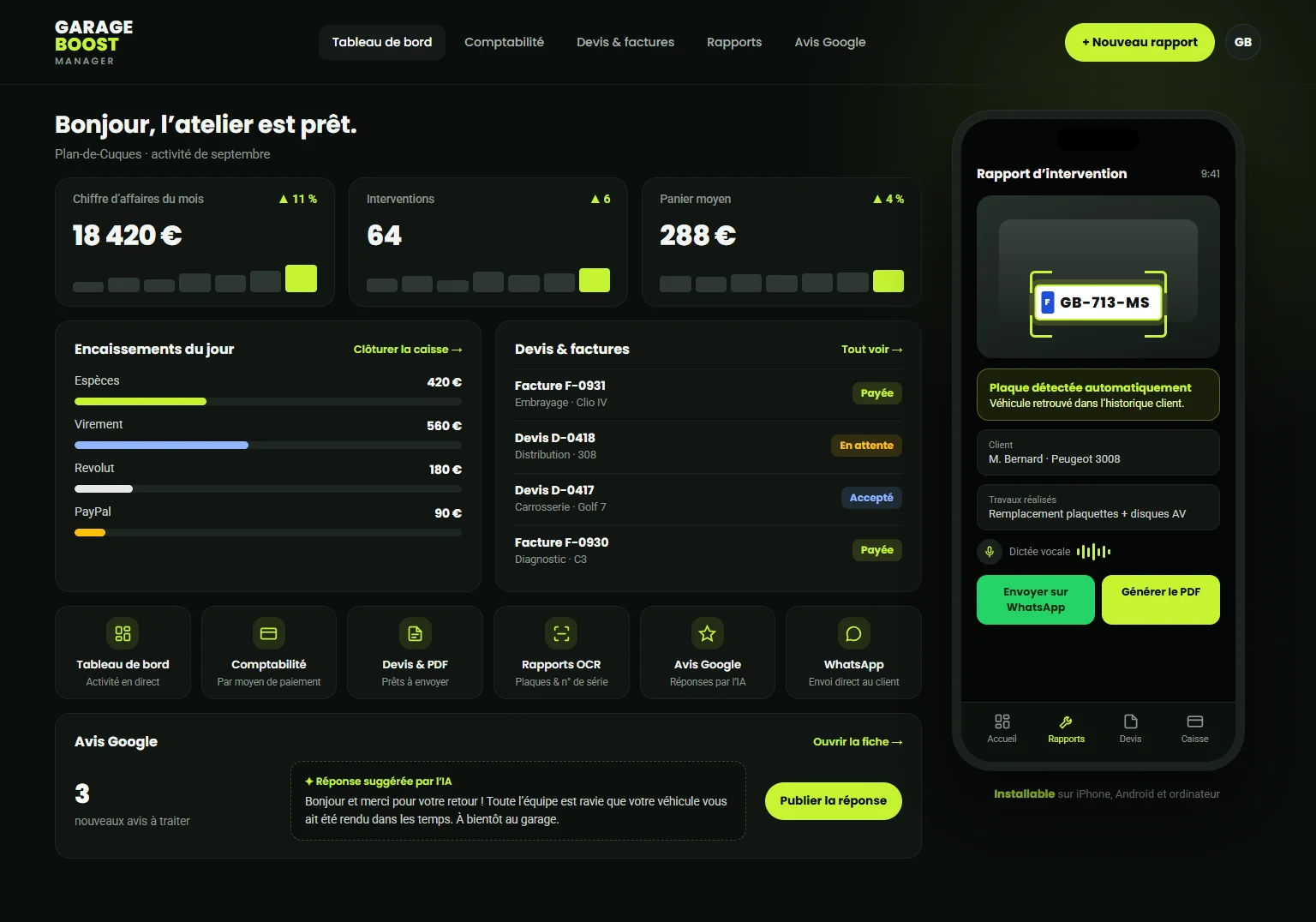 Visuel illustratif de Garage Boost Manager : tableau de bord de l’atelier et rapport d’intervention sur mobile