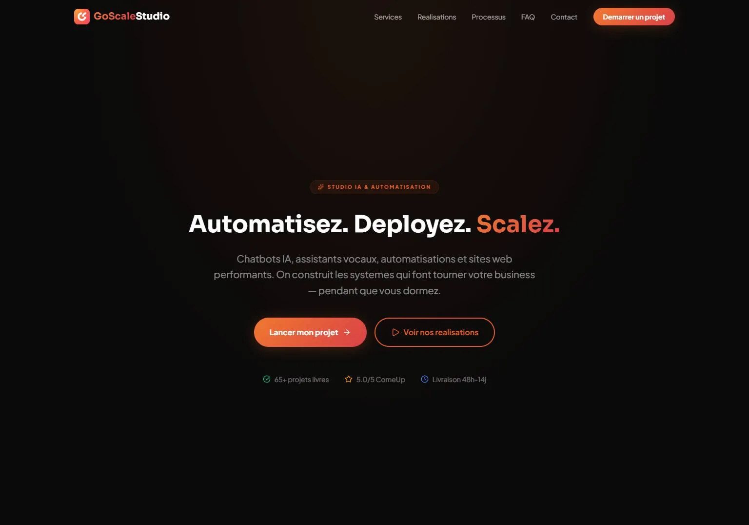 Page d’accueil du site de GoScale Studio : « Automatisez. Déployez. Scalez. »