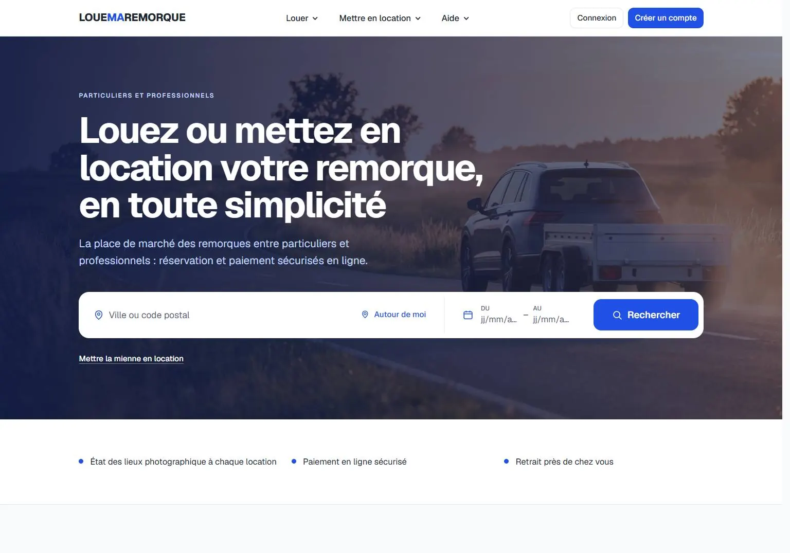 Page d’accueil de LoueMaRemorque avec la recherche de remorques par ville et par dates