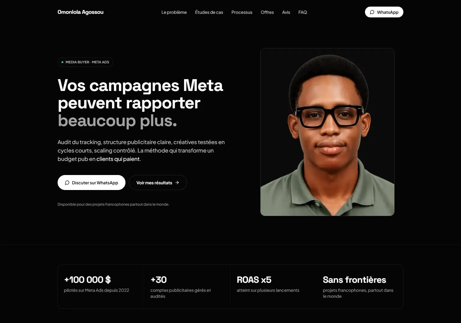Page d’accueil du site d’Omonlola Agossou, media buyer Meta Ads