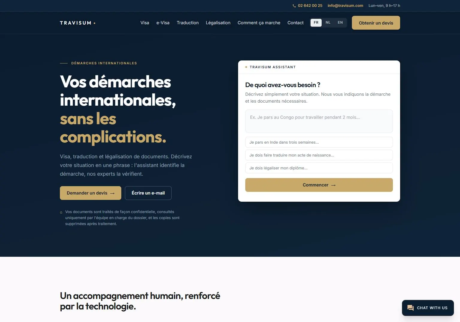 Page d’accueil de Travisum avec son assistant de démarches internationales